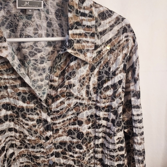 JM COLLECTION Semi Sheer 3/4 Sleeve Sequin Button Top sz 16 - Picture 4 of 10